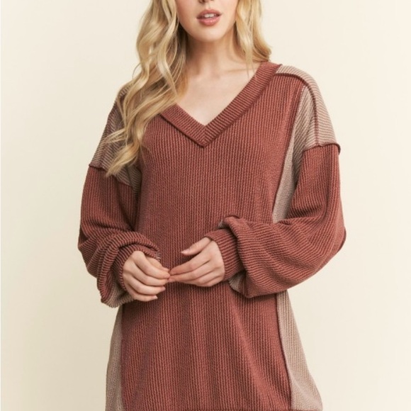 Heimish Rust Long Sleeve Urban Ribbed Color Block Knit Top - Picture 2 of 5